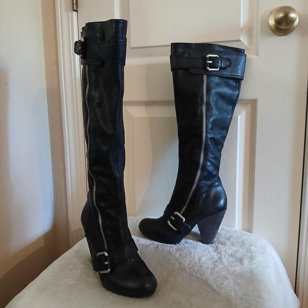 Vince Camuto Fivvy Black Leather Knee High Zip Up Buckle Motorcycle Boots 7 Y2K